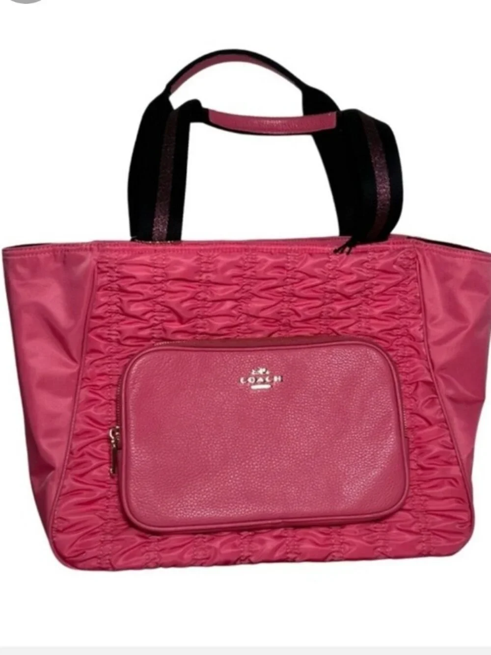 Coach Pink Ruched Nylon/Leather Court Tote with Front Zip Pocket-EUC - Picture 13 of 13